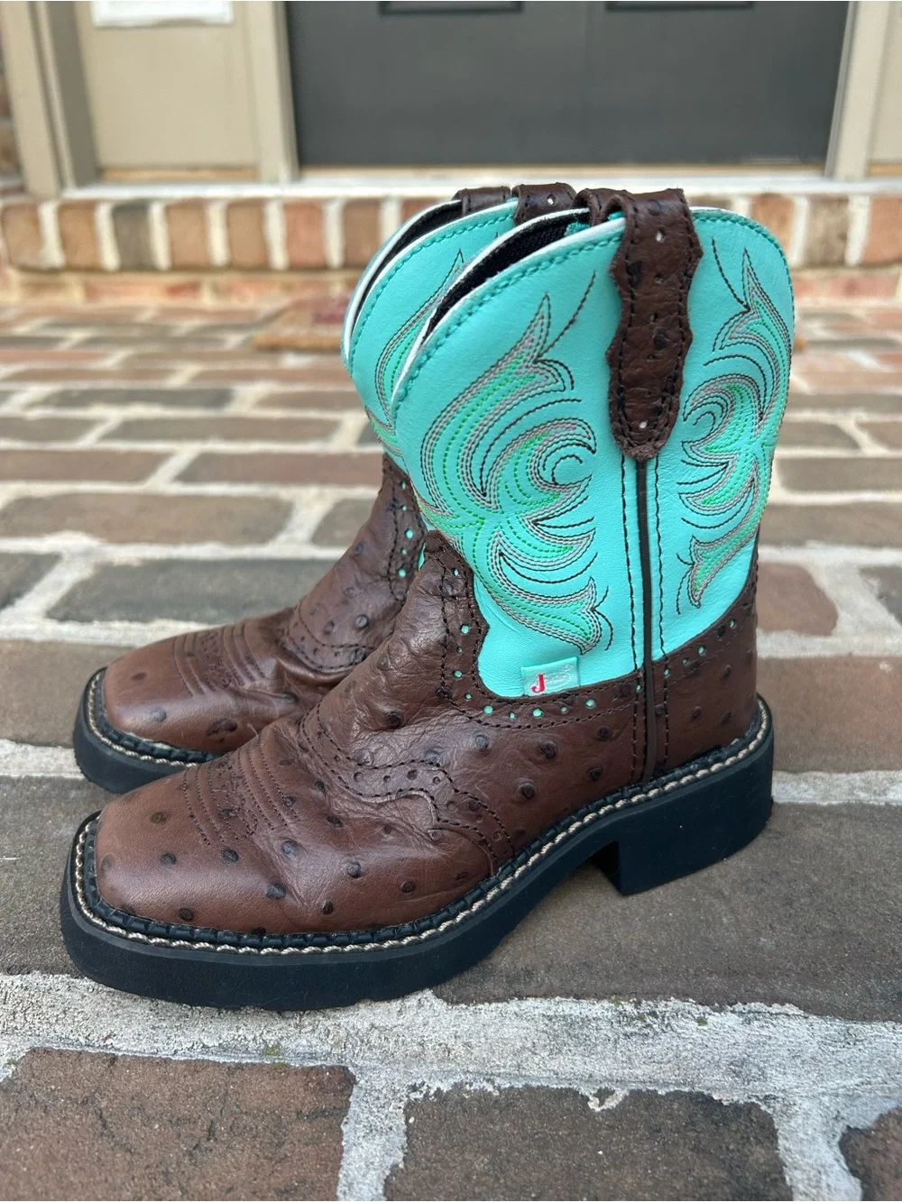 Justin Gypsy Ostrich Western Boots Chocolate Brown Turquoise Leather Girls 12
